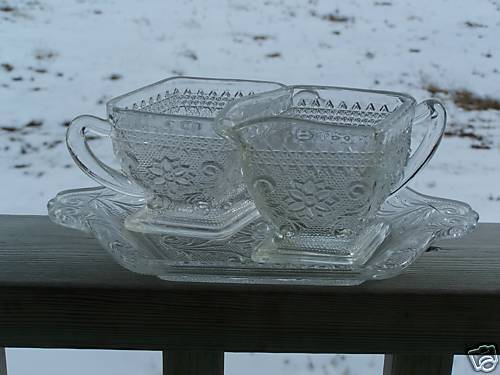 SANDWICH GLASS CRYSTAL CREAMER SUGAR TRAY DIAMOND SHAPE  