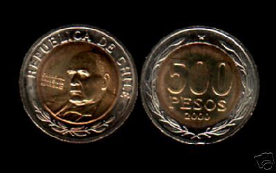 CHILE 500 KM235 2000 BI METAL UNC COINS LOT OF 10 PCS  