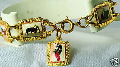 VINTAGE BRASS ENAMEL BULLFIGHTING BRACELET MATADOR  