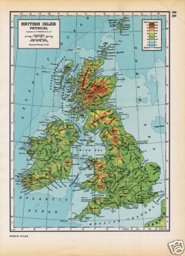 Vintage 40s Folio Map British Isles   Physical. VG++  