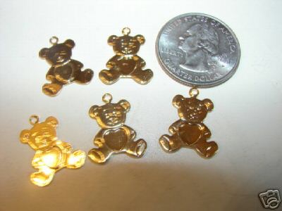 12 vintage gold over brass teddy bear charms