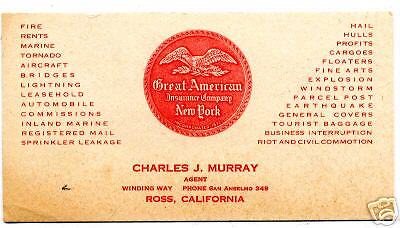 1920s Adv Blotter Great American Insurance Co Ross CA