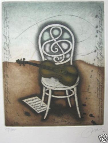 Violin by Udo Nolte; Music, Handcolored Etching  