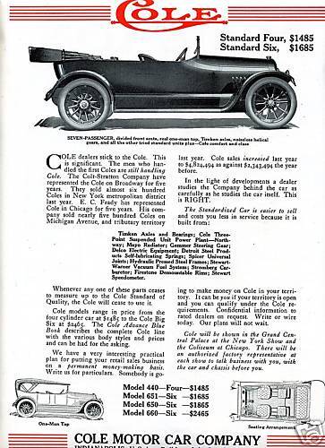 1915 COLE 7 Passenger TOURING Car AD. 4 & 6 Cylinders  