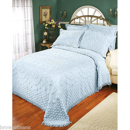 King Kingston Chenille Bedspread w Fringe Trim Blue