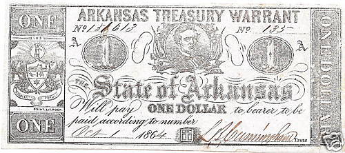 ARKANSAS TREASURY WARRANT OBSOLETE NOTE 1864  