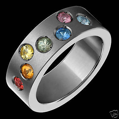 Titanium & Rainbow Colored Sapphires Wedding Band Rings  
