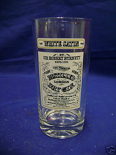 WHITE SATIN DISTILLED DRY GIN LABEL HIGHBALL GLASS  