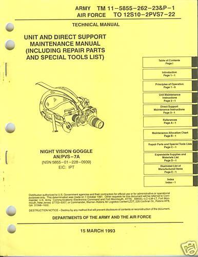 Night Vision Goggle AN/PVS 7A Maintenance. Parts Manual  